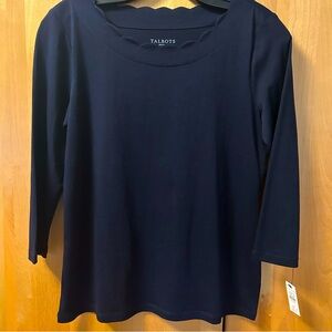 New! Talbots 3/4 Sleeve Navy Scalloped Neck Top